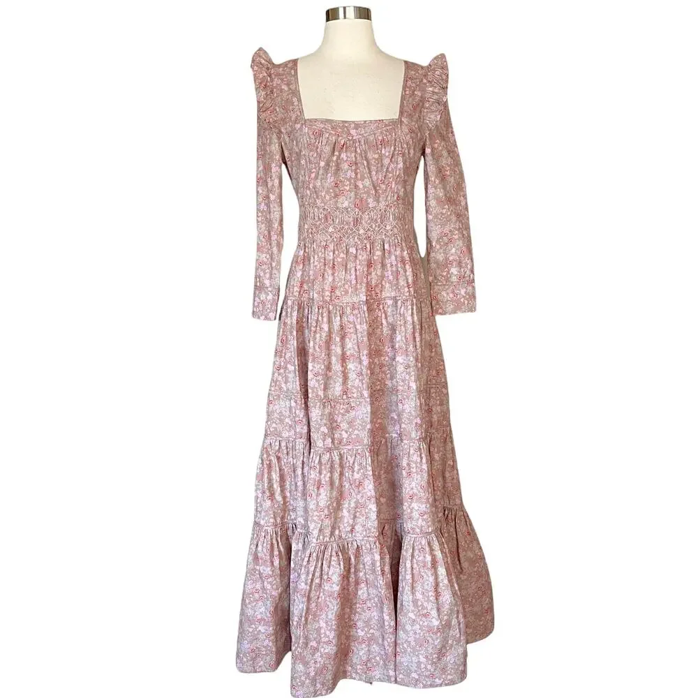 LOVESHACKFANCY Lyna Maxi Dress Tan Garden Cotton Ruffle Floral Pink S 4-6 Sample - Picture 14 of 14